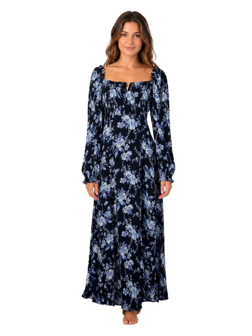 Free People NWT Navy Floral Smocked Midi Dress Romantic Cottagecore S
